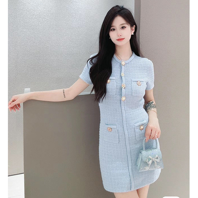 korean club dress knitted Haze Blue Shopluu dress Made from fibers Vintage Mexican Quinceanera Dresses Size:10Y