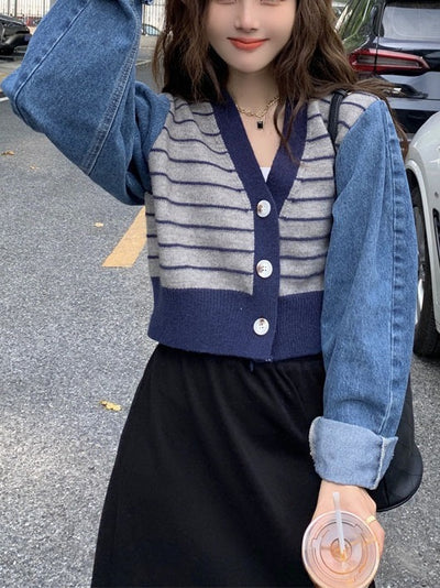 Korean V-Neck Striped Sweater