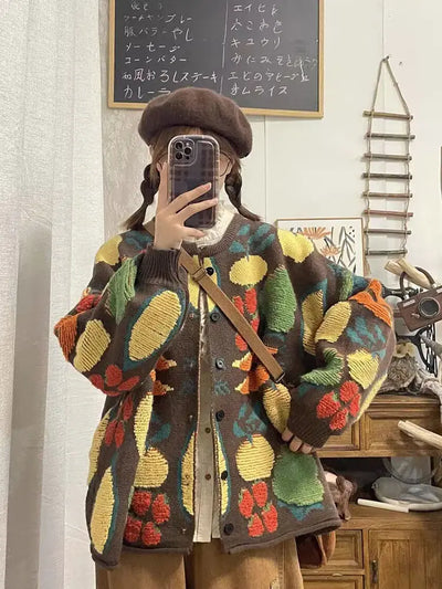 Koreanischer übergroßer Cardigan mit Fruchtmuster