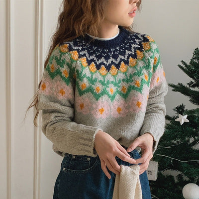 Korean Jacquard Round Neck Sweater