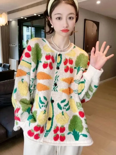 Korean Oversized Cardigan with Fruit Pattern