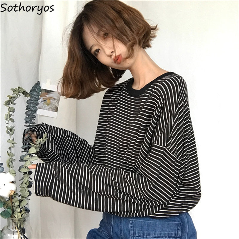T-shirt Élégant Rayé à Manches Longues - Style Coréen