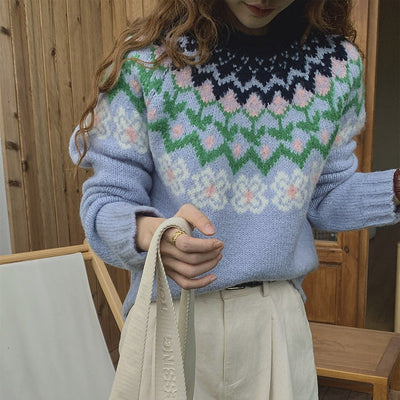 Korean Jacquard Round Neck Sweater