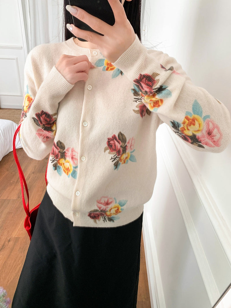 Koreanischer Woll-Cardigan mit Blumenmuster