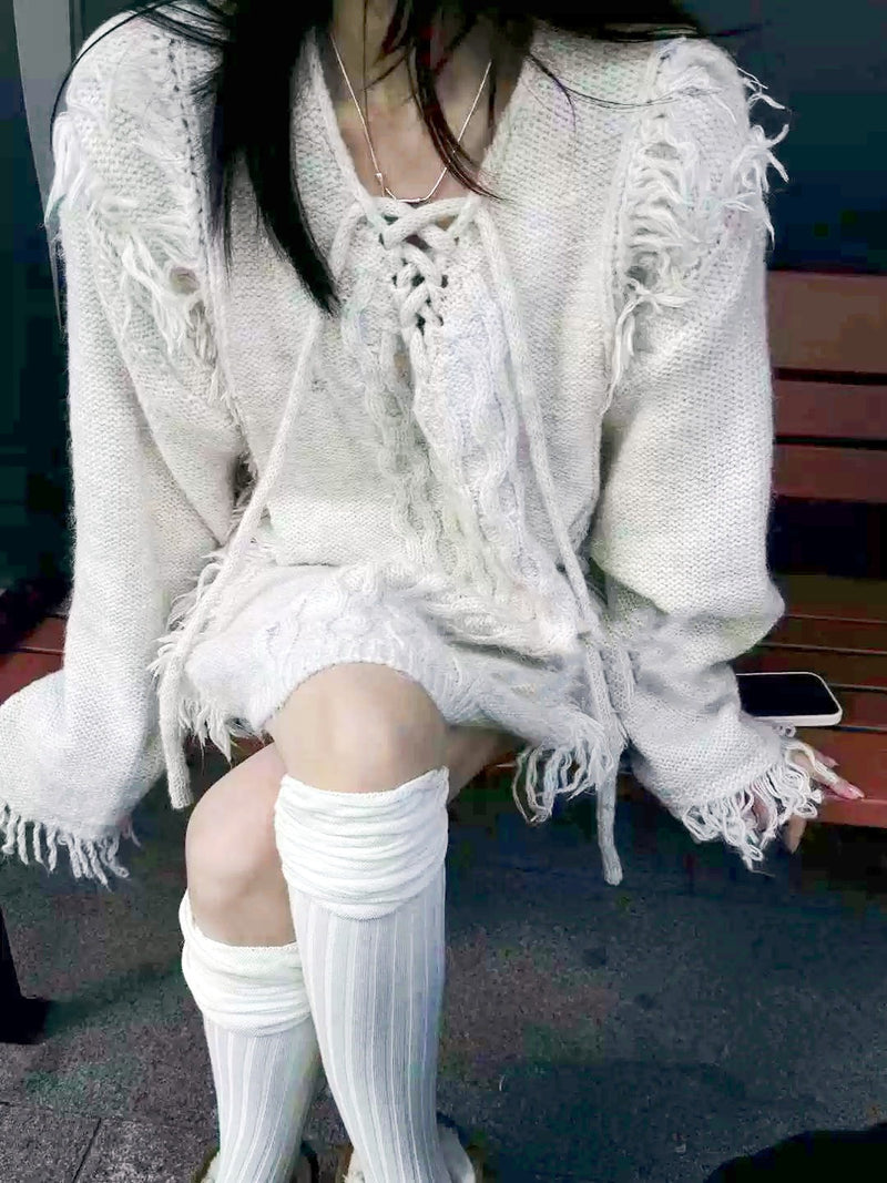 Korean Fringed V-Neck Sweater