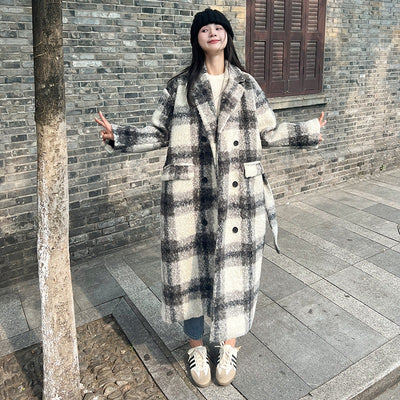 Korean Plaid Long Wool Coat