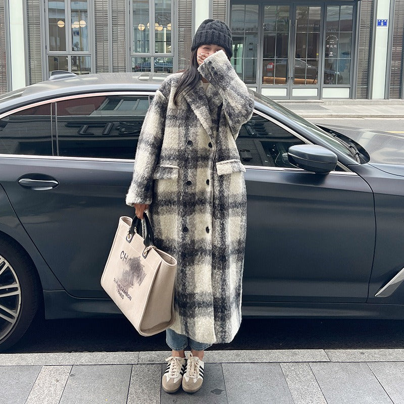 Korean Plaid Long Wool Coat