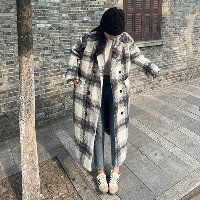 Korean Plaid Long Wool Coat