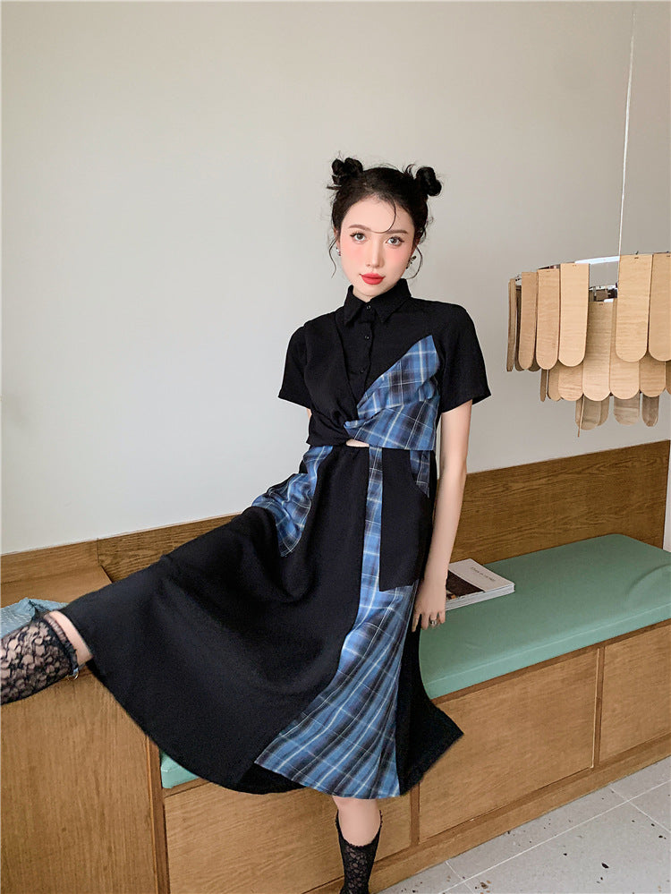 Korean Blue and Black Plaid Dress