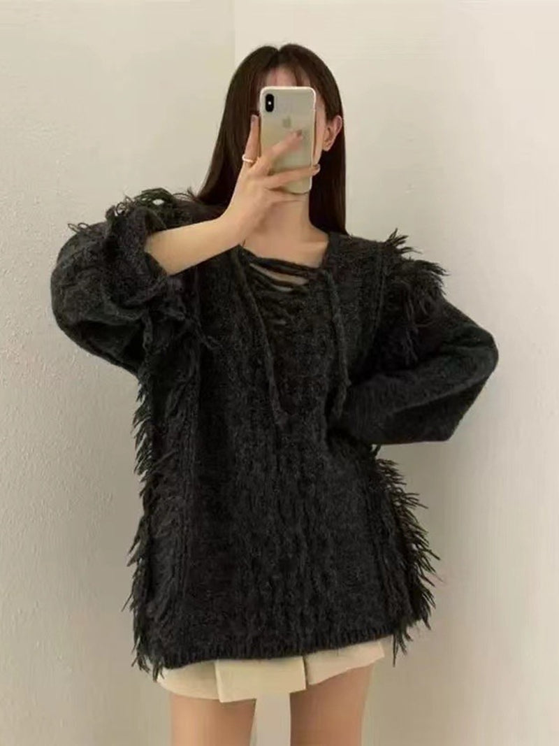 Korean Fringed V-Neck Sweater