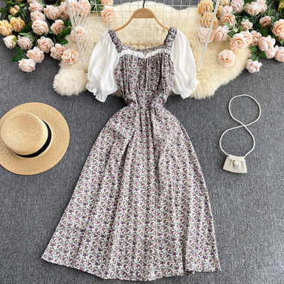 Square Collar Korean Midi Floral Dress