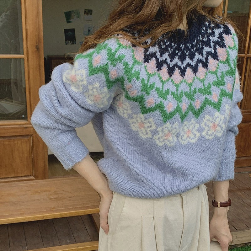 Korean Jacquard Round Neck Sweater