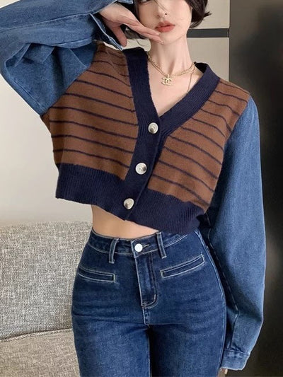 Korean V-Neck Striped Sweater