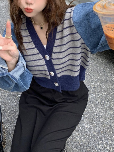 Korean V-Neck Striped Sweater