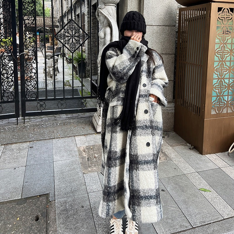 Korean Plaid Long Wool Coat