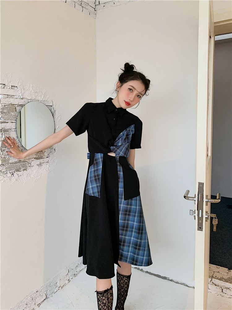 Korean Blue and Black Plaid Dress