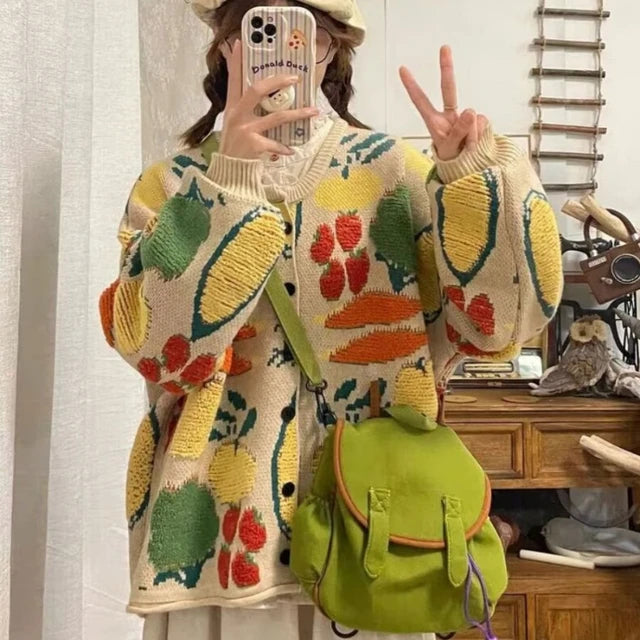 Koreanischer übergroßer Cardigan mit Fruchtmuster