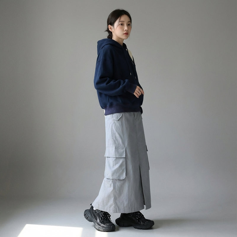 Jupe longue femme coréenne grise style workwear en coton et nylon - Koreanxwear - Taille S