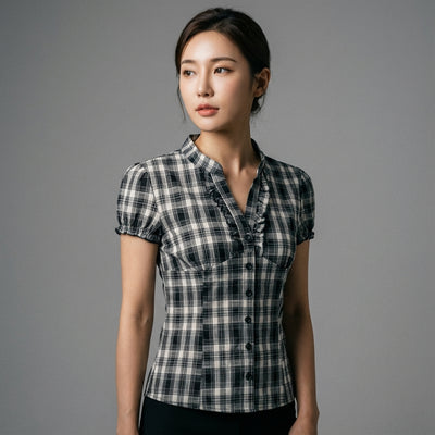 Chemise coréenne femme à carreaux noir et blanc, col V, manches courtes bouffantes et volants. Koreanxwear. - Taille L
