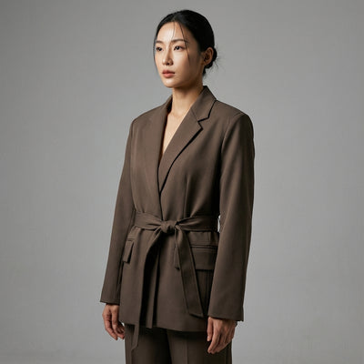 Veste blazer coréenne femme marron foncé avec ceinture - Mode chic Koreanxwear - Taille L