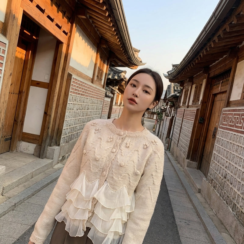 Cardigan coréen en cachemire beige pour femme, col rond, manches longues, boutons - Koreanxwear