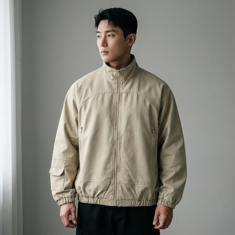 Veste homme Coréenne col montant beige. Style rétro streetwear Koreanxwear. - Taille L