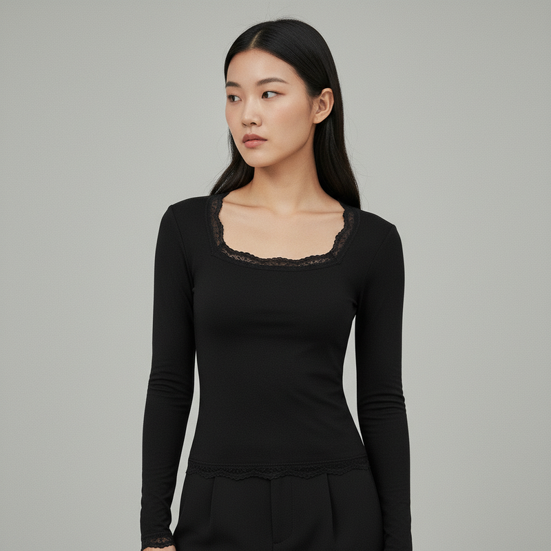 T-shirt Col Carré Dentelle Coréen