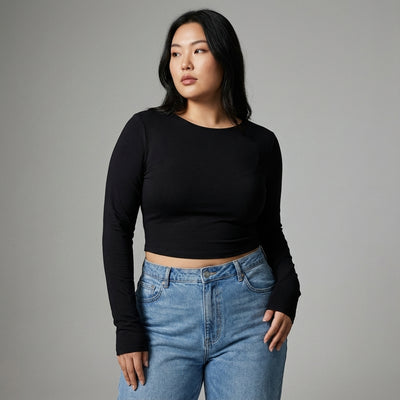 T-shirt dos nu noir femme, manches longues ajustées. Mode Coréenne Koreanxwear. Automne-Hiver. - Taille XL - Grande Taille