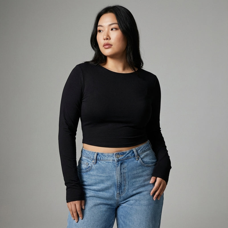 T-shirt dos nu noir femme, manches longues ajustées. Mode Coréenne Koreanxwear. Automne-Hiver. - Taille XL - Grande Taille