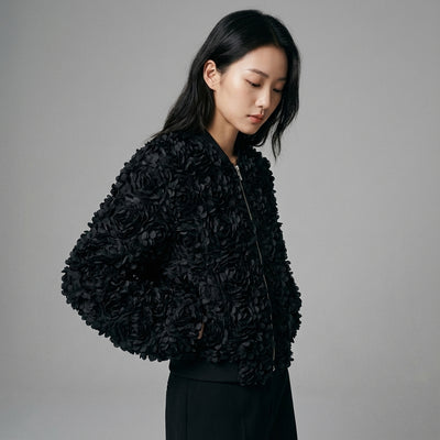 Veste Florale Noire Coréenne pour femme, blouson léger à motifs floraux. Idéal streetwear et mode K-pop. - Taille XS