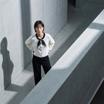 Cardigan court femme Coréen en cachemire avec nœud - Noir ou Ivoire