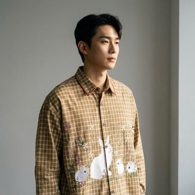 Chemise à carreaux verte unisexe avec broderies lapin - Mode Coréenne Koreanxwear - Taille L