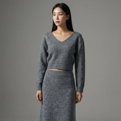 Ensemble pull col V manches longues et jupe longue taille haute tricoté gris femme - Mode Coréenne Koreanxwear - Taille M