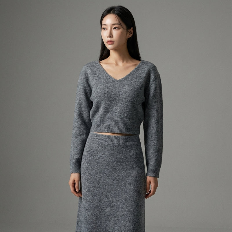 Ensemble pull col V manches longues et jupe longue taille haute tricoté gris femme - Mode Coréenne Koreanxwear - Taille M