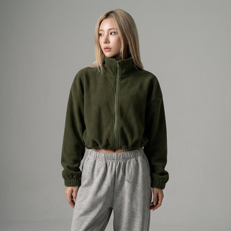 Veste courte zippée femme Coréenne vert kaki. Mode streetwear décontractée Koreanxwear. - Taille S