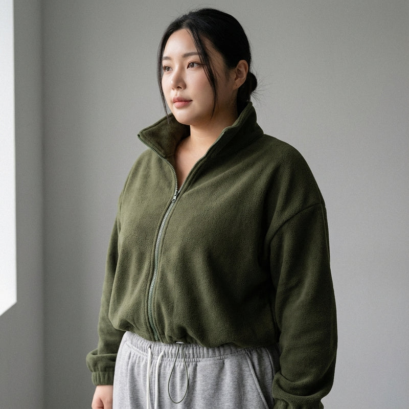 Veste courte zippée femme Coréenne vert kaki. Mode streetwear décontractée Koreanxwear. - Taille XL - Grande Taille