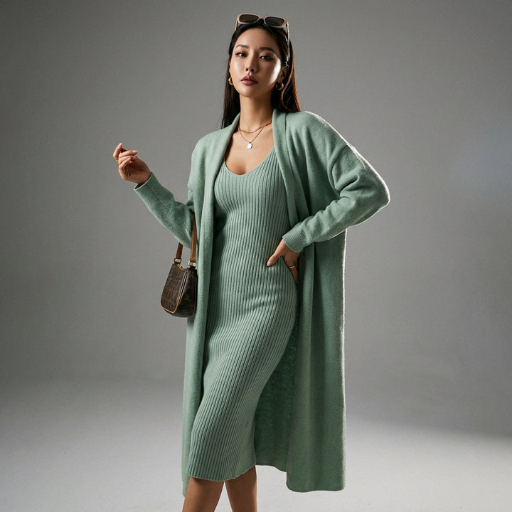 Knit dress with cardigan and knee high boots