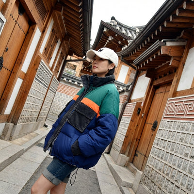 Doudoune coréenne ample col montant. Veste chaude streetwear pour l'hiver Koreanxwear.