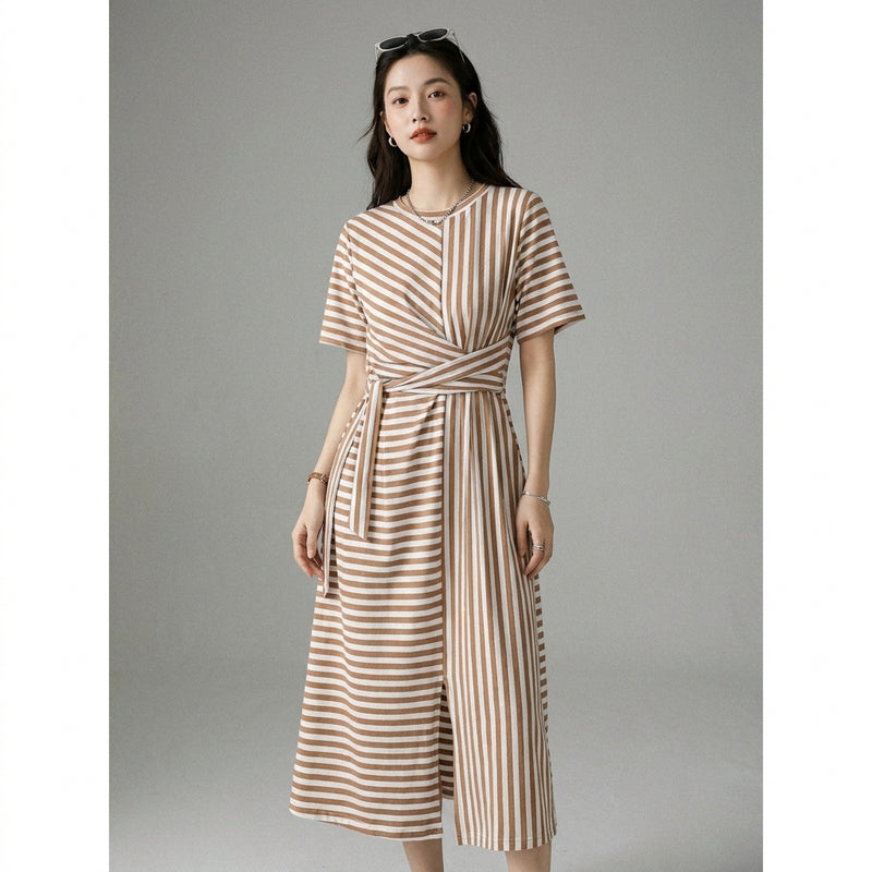 Robe Mi-Longue Raye Ceinture | Koreanxwear  KoreanxWear