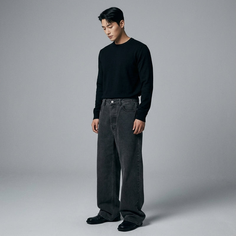 Jean large taille mi-haute pour homme en coton couleur foncée - Mode Coréenne Koreanxwear - Taille M