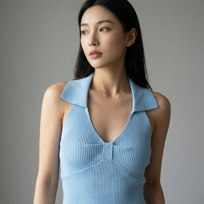 Gilet court tricoté femme col polo - Noir, Blanc, Bleu Ciel, Rose Clair - Mode Coréenne Koreanxwear - Taille One Size