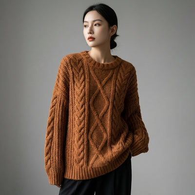 Pull femme tricoté torsadé col rond coréen, coupe ample, couleurs beige, café, violet. - Taille One size