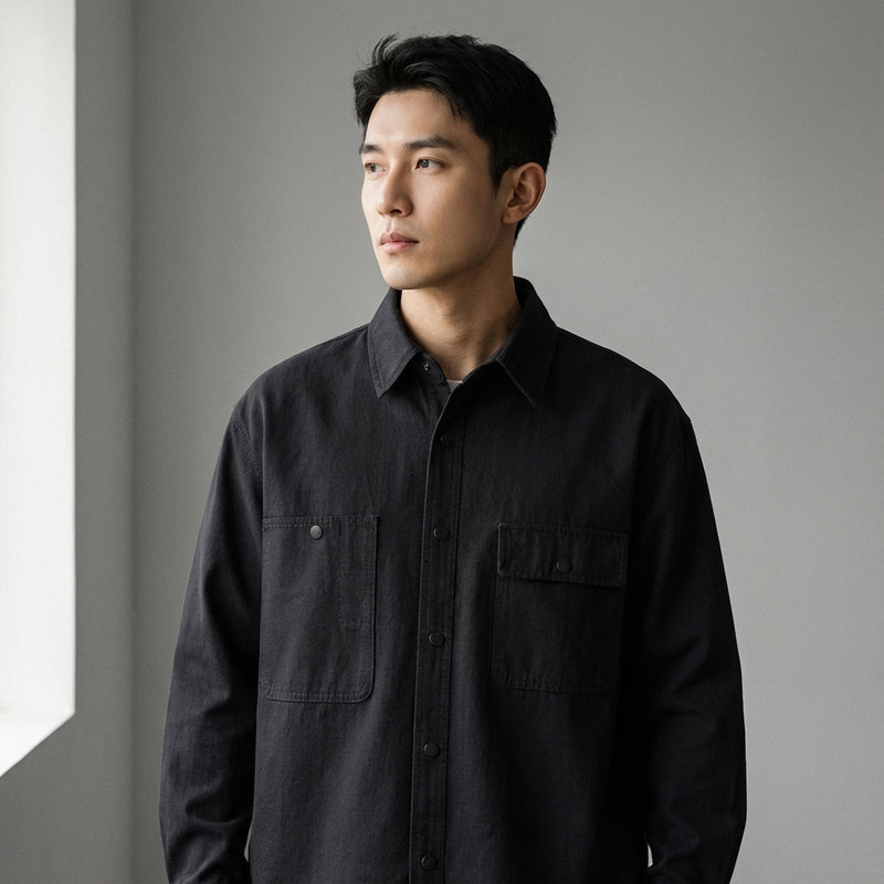 Chemise coréenne ample unie à manches longues en coton - Beige, Noir, Kaki Koreanxwear - Taille L