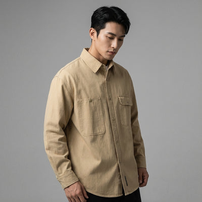 Chemise coréenne ample unie à manches longues en coton - Beige, Noir, Kaki Koreanxwear - Taille M