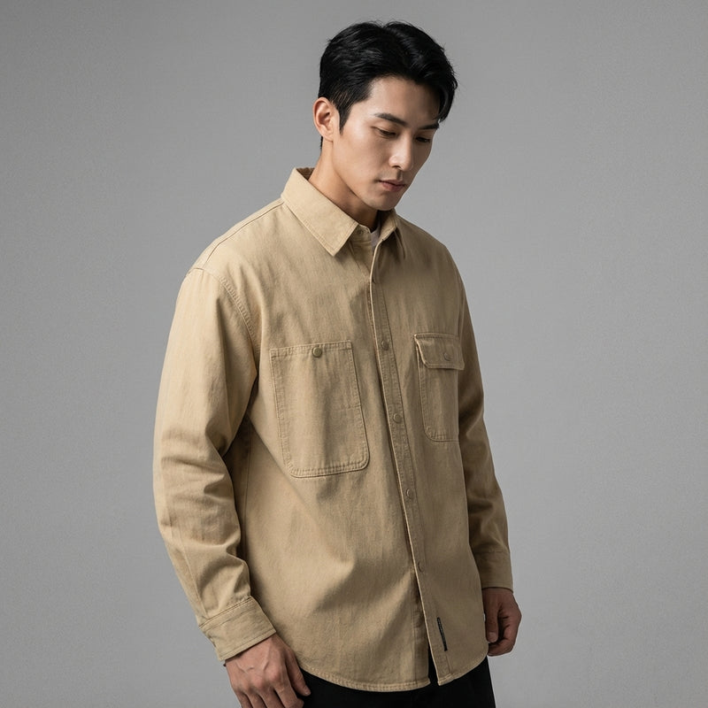 Chemise coréenne ample unie à manches longues en coton - Beige, Noir, Kaki Koreanxwear - Taille M