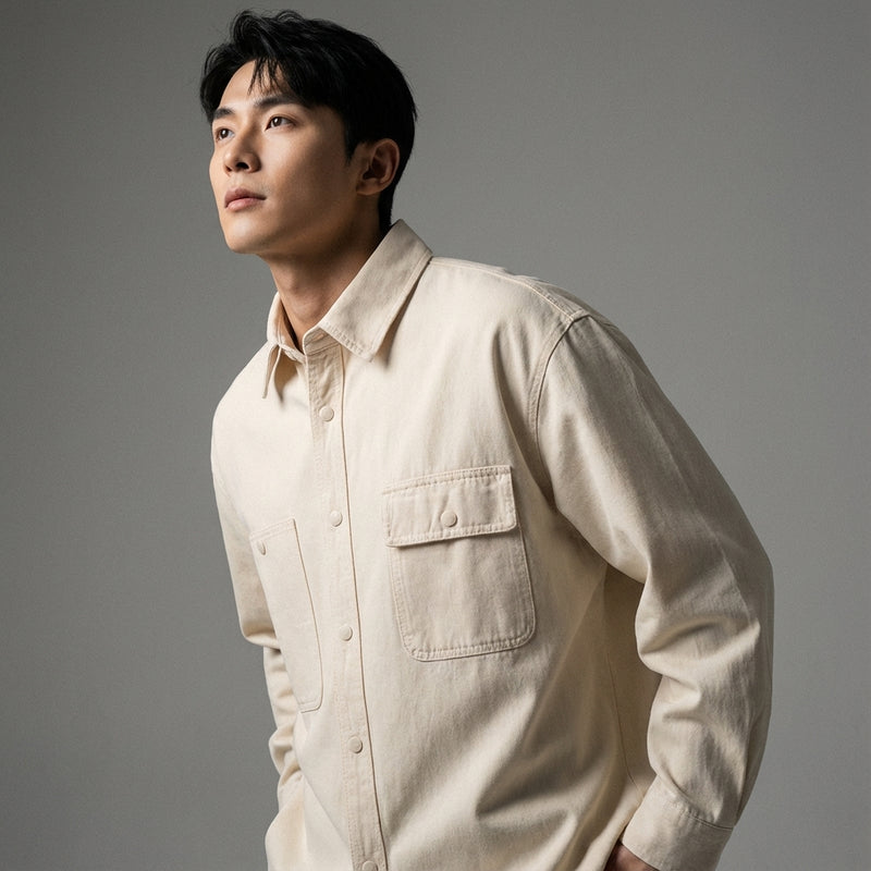 Chemise coréenne ample unie à manches longues en coton - Beige, Noir, Kaki Koreanxwear - Taille L