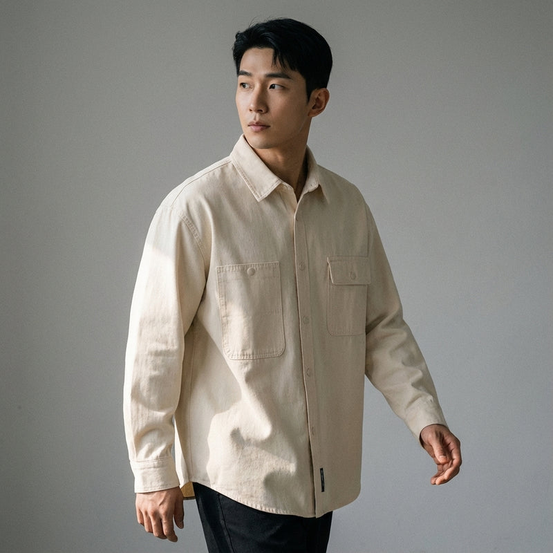 Chemise coréenne ample unie à manches longues en coton - Beige, Noir, Kaki Koreanxwear - Taille M