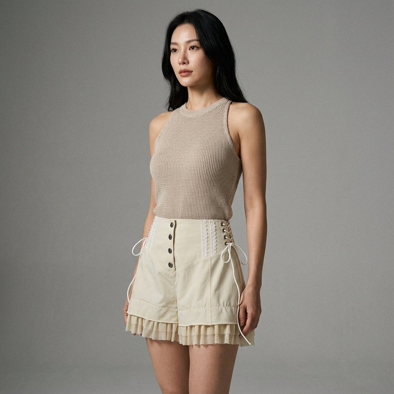 Short femme coréen kaki à lacets - Mode Coréenne Koreanxwear - Taille L