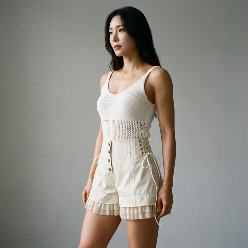 Short femme coréen kaki à lacets - Mode Coréenne Koreanxwear - Taille M