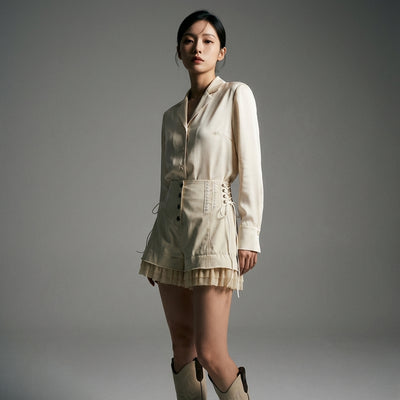 Short femme coréen kaki à lacets - Mode Coréenne Koreanxwear - Taille S